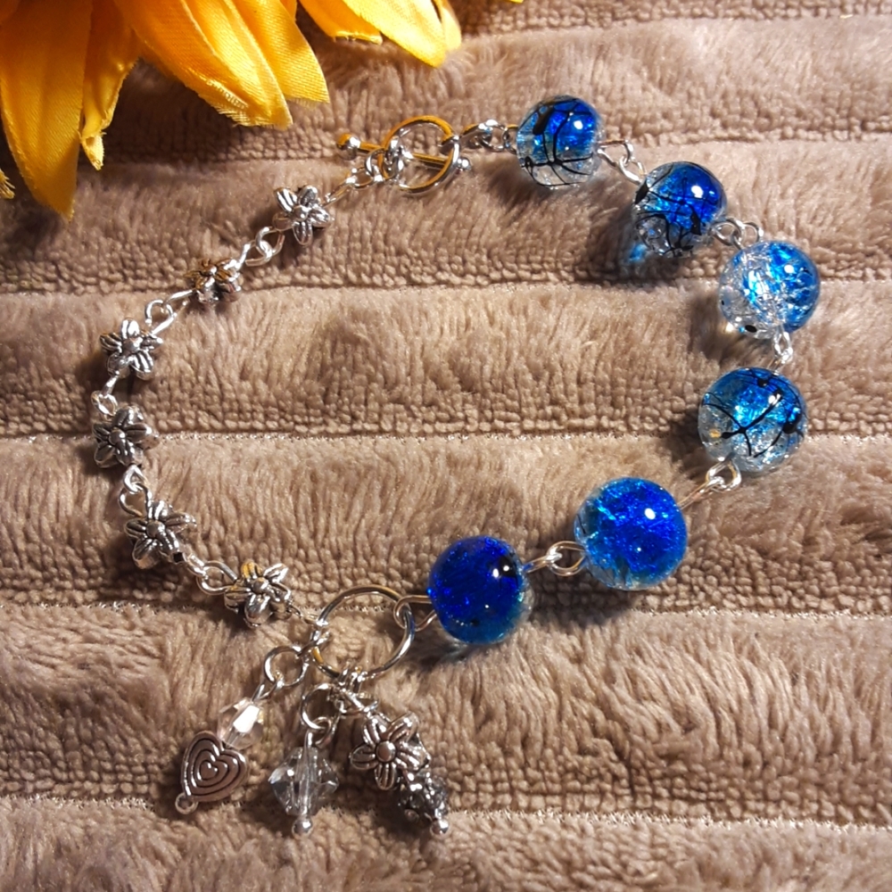 Hand Crafted Glass Beaded Bracelet With Toggle Clasp Blue